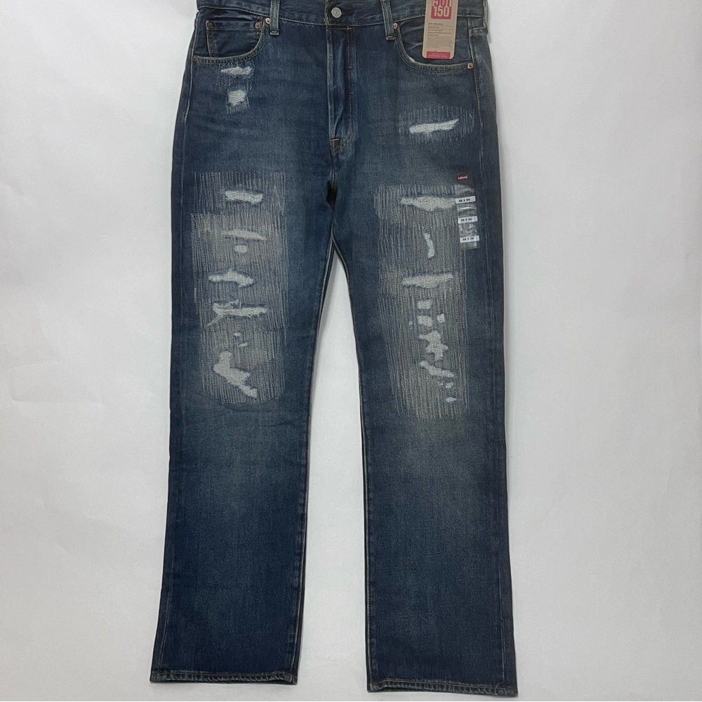 Levis 501‎ 150th Anniversary Distressed Button Fly Denim Jeans Straight Leg